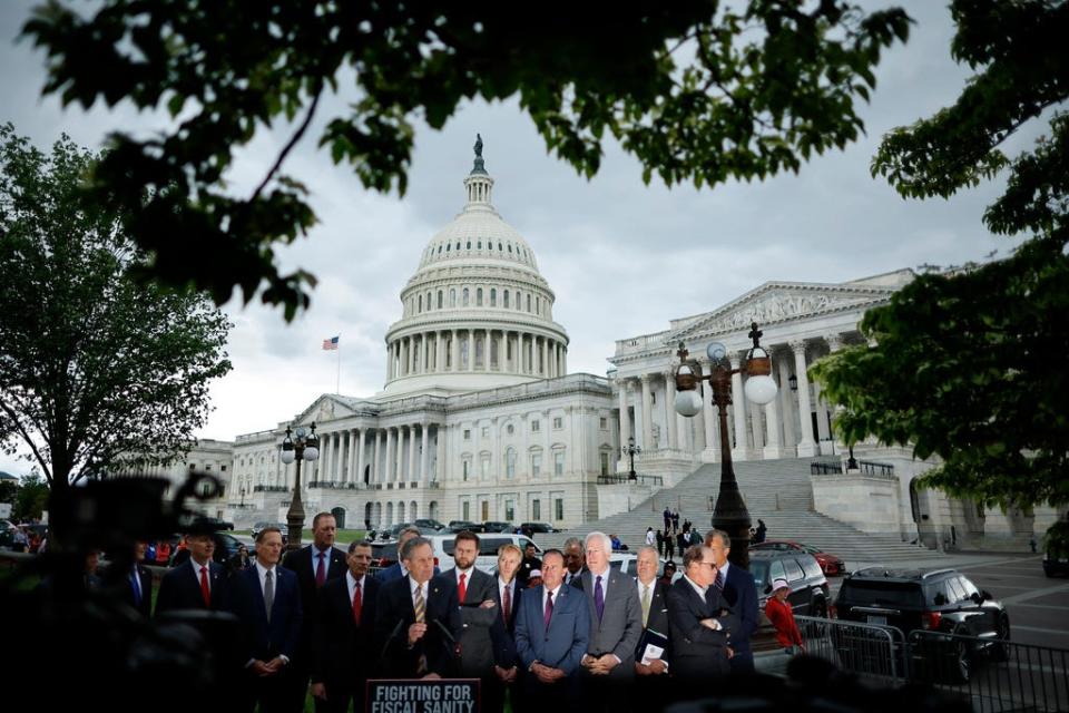 A group of Senate Republicans hold a news conference to urge the White House and Senate Democrats to pass the House GOP legislation that would raise the debt limit and cut federal spending outside the U.S. Capitol on May 03, 2023 in Washington, DC.