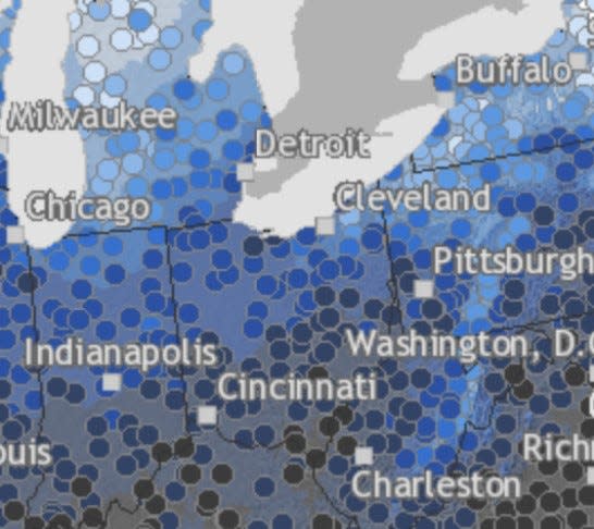 The National Weather Service puts the historical odds of a White Christmas in Akron at about 38%. The better the odds are represented by the shades of blues.