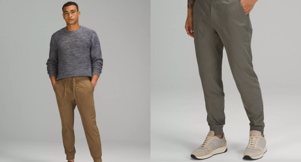 male model wearing grey sweater and light brown jogger pants and grey jogger pants with beige sneakers