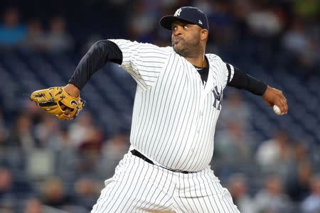 Sep 19, 2017; Bronx, NY, USA; New York Yankees starting pitcher CC Sabathia (52) pitches against the Minnesota Twins during the second inning at Yankee Stadium. Mandatory Credit: Brad Penner-USA TODAY Sports