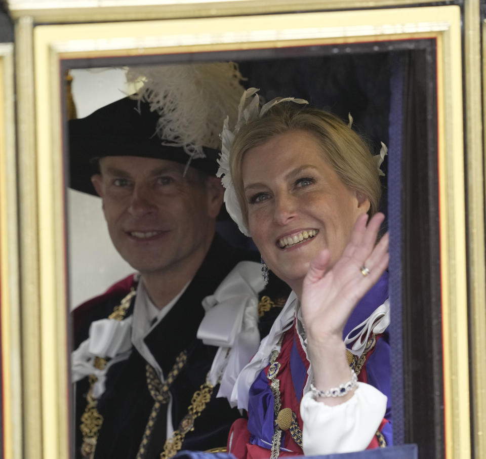 Prince Edward and Sophie, Duchess of Edinburgh leave after the coronation ceremony of King Charles III and Queen Camilla, in London Saturday, May 6, 2023. (AP Photo/Kin Cheung)