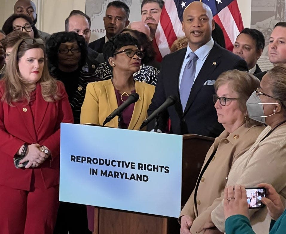 Governor Wes Moore speaks in favor of legislation, including a bill to bring the issue of abortion before the state's voters next fall, in the State House in Annapolis on Feb. 9, 2023. Moore and Lt. Governor Aruna Miller did not take questions at the press conference.