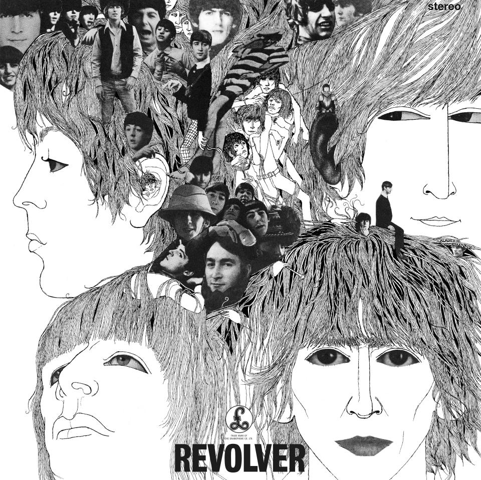 The cover art for The Beatles' 1966 album, "Revolver," designed by Klaus Voormann.