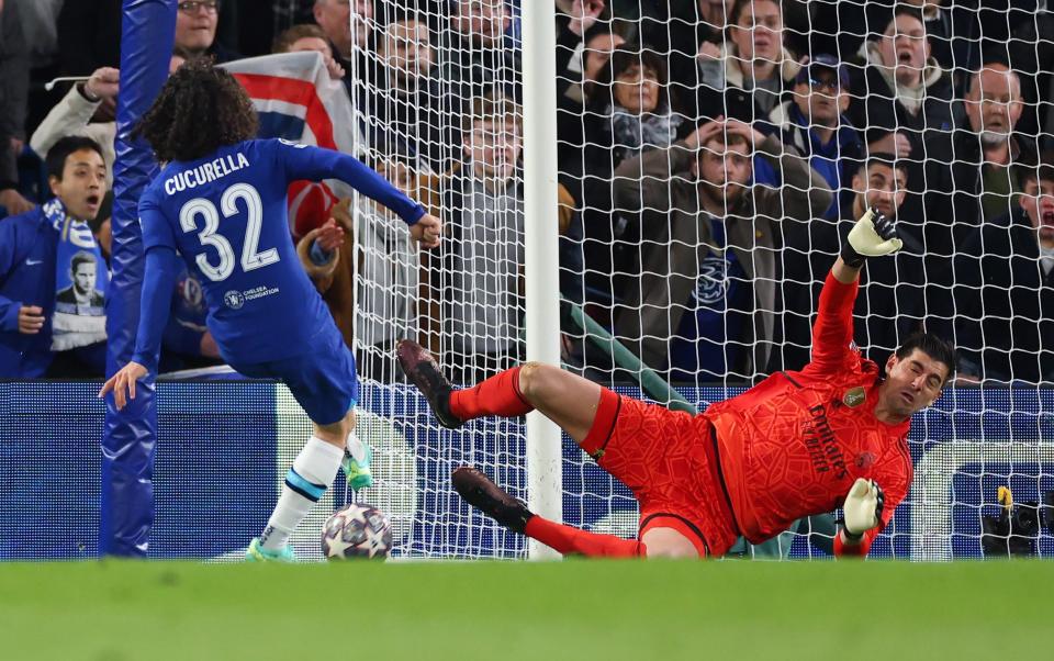 Thibaut Courtois of Real Madrid saves a t close range from Marc Cucurella - Marc Atkins/Getty Images