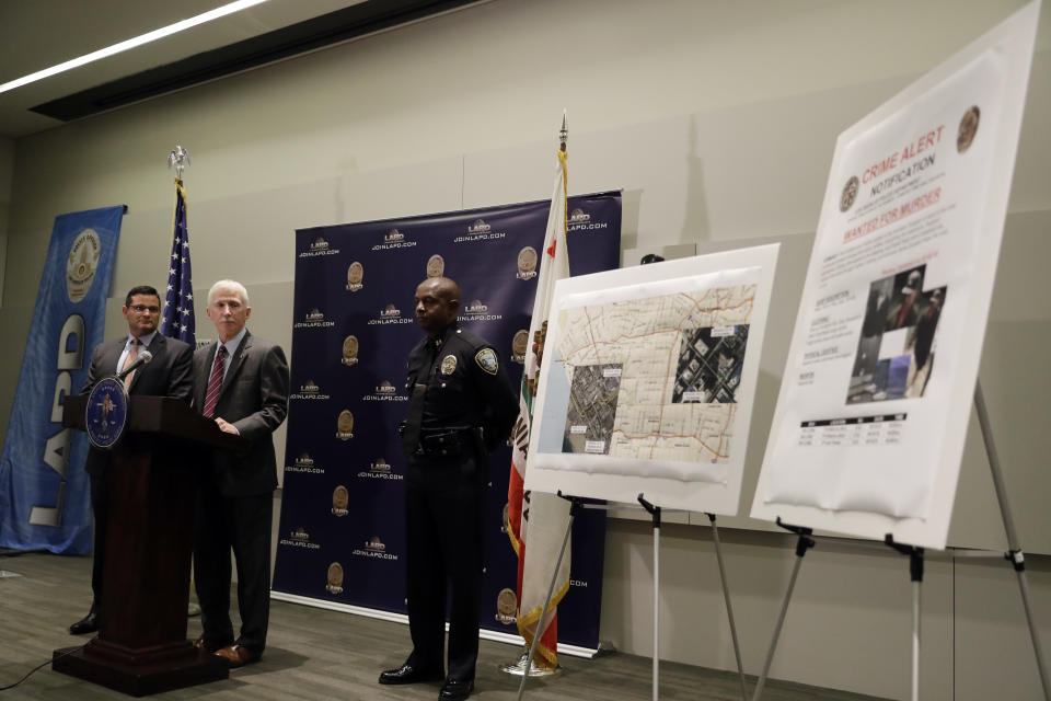 Los Angeles Police Department Capt. Billy Hayes fields questions during a press conference Tuesday, Sept. 25, 2018, in Los Angeles. A man arrested on suspicion of beating a Southern California homeless man into unconsciousness and suspected in six other attacks — three of them fatal — also was being investigated in the disappearances of two of the suspect's Texas relatives, officials said Tuesday. (AP Photo/Marcio Jose Sanchez)