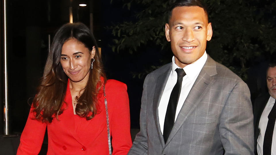 Israel Folau and wife Maria, pictured here leaving Federal Court after a meeting with Rugby Australia in 2019. 