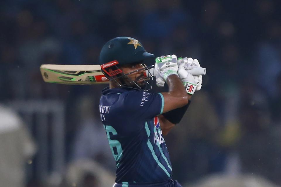 Pakistan's Babar Azam bats during the sixth twenty20 cricket match between Pakistan and England, in Lahore, Pakistan, Friday, Sept. 30, 2022. (AP Photo/K.M. Chaudary)