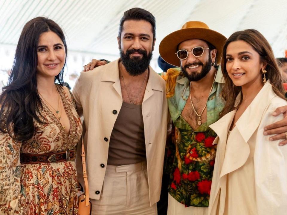 Actor Katrina Kaif, her husband and actor Vicky Kaushal, actor Ranveer Singh and his wife and actor Deepika Padukone pose during pre-wedding celebrations of Anant Ambani and Radhika Merchant.