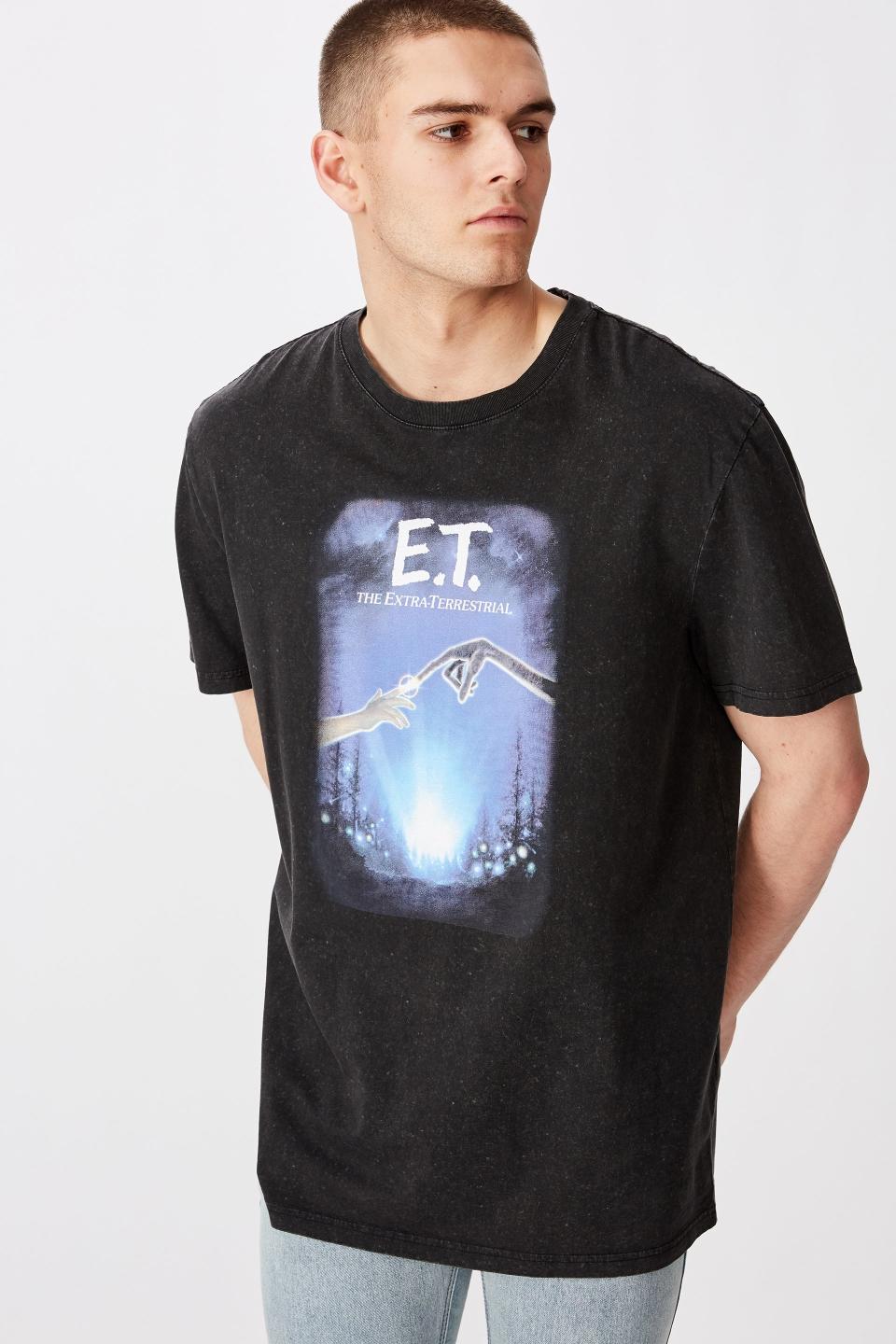The Factorie Regular License T Shirt in E.T. print, $17.46 (RRP $24.95) from Cotton On. Photo: Cotton On.