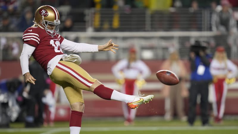 San Francisco 49ers punter Mitch Wishnowsky (18) punts during an NFL football game against the Green Bay Packers Sunday, Jan. 21, 2024, in Inglewood, Calif. 