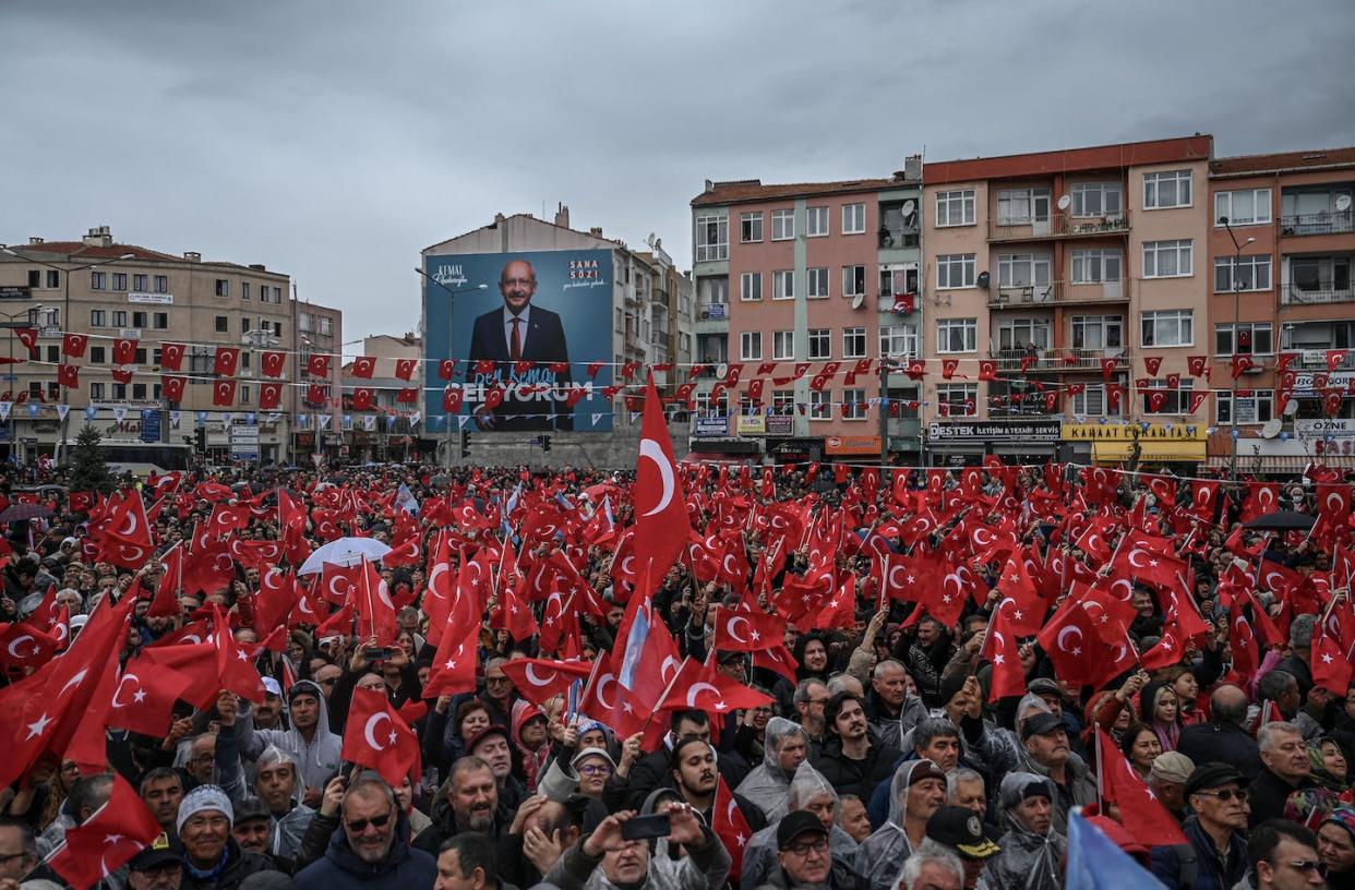 Erdoğan has led Turkey for 20 years. Will he be elected for five more? <a href="https://www.gettyimages.com/detail/news-photo/supporters-wave-turkish-national-flags-as-they-attend-a-news-photo/1251714967" rel="nofollow noopener" target="_blank" data-ylk="slk:Ozan Kose/AFP via Getty Images;elm:context_link;itc:0;sec:content-canvas" class="link ">Ozan Kose/AFP via Getty Images</a>