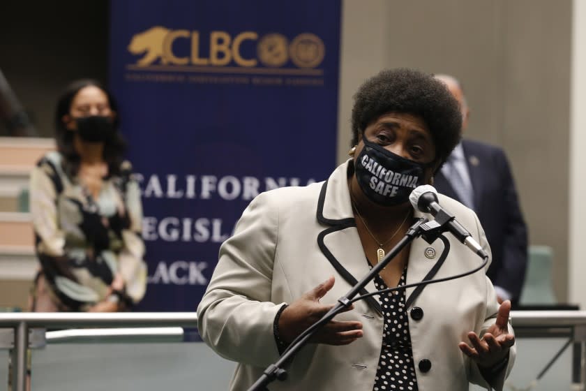 Assemblywoman Shirley Weber, D-San Diego, chair of the Legislative Black Caucus, answers a question about police use of force, during a news conference in Sacramento, Calif., Tuesday, June 2, 2020. The Black Caucus pushed for colleagues to pass bills that include reparations for African Americans and reforming oversight of police use of force incidents. (AP Photo/Rich Pedroncelli)