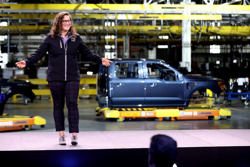 Megan Gegesky, the F-150 Lightning Program Management launch supervisor, talks during the official launch of the F-150 Lightning pickup truck at the Ford Rouge Electric Vehicle Center in Dearborn on Tuesday, April 26, 2022.