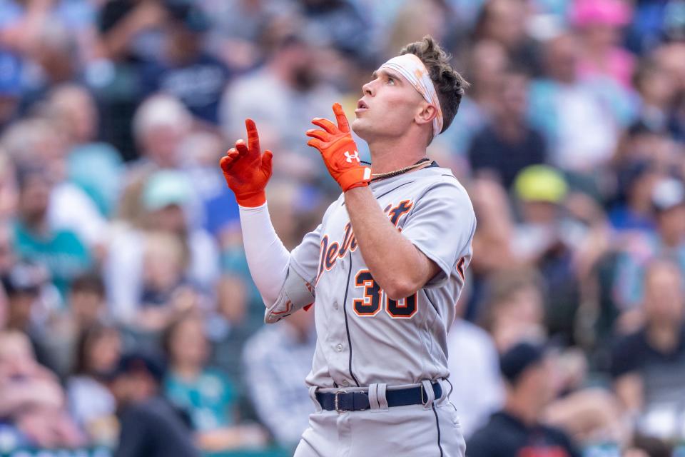Detroit Tigers right fielder Kerry Carpenter (30) celebrates while rounding the bases after hitting a solo home run \of Seattle Mariners starting pitcher George Kirby (68) during the second inning at T-Mobile Park in Seattle on Saturday, July 15, 2023.