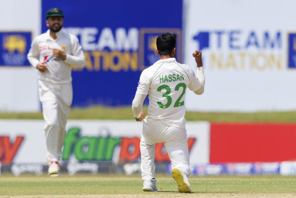 Pakistan's Hasan Ali celebrates the wicket Sri lanka's Oshada Fernando during the first day of the first test cricket match between Sri Lanka and Pakistan in Galle, Sri Lanka, Saturday, July 16, 2022. (AP Photo)