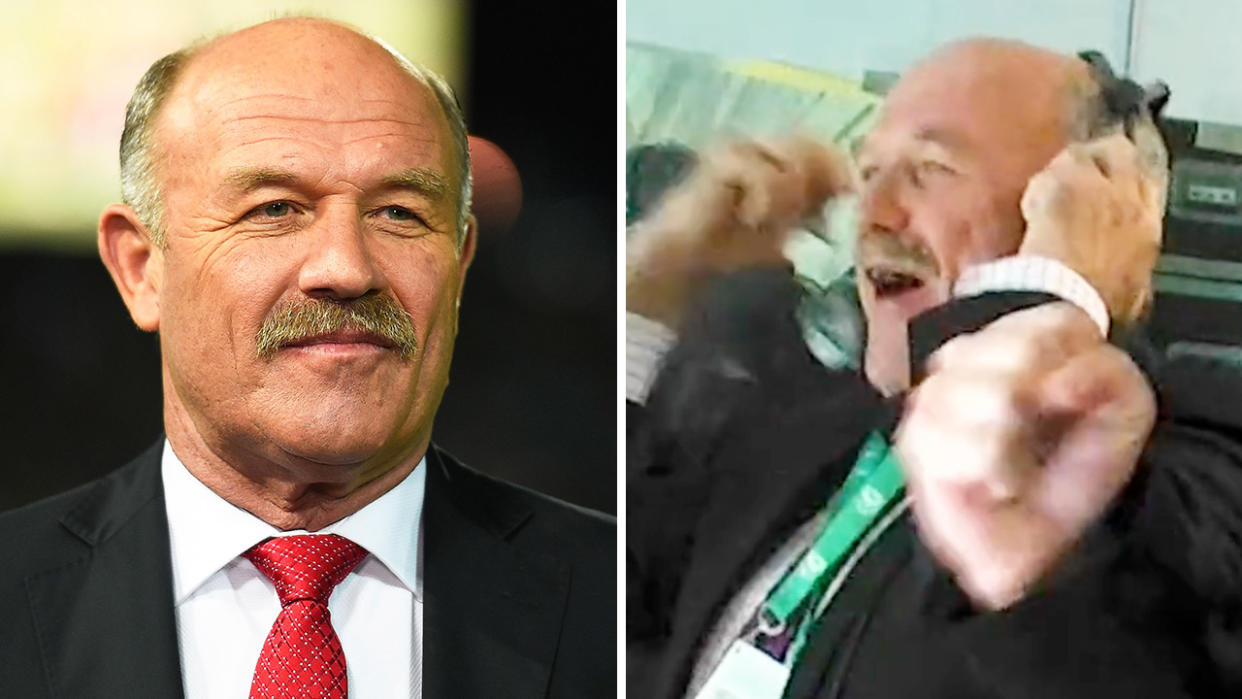 Wally Lewis during commentary and Lewis during Triple M commentary.