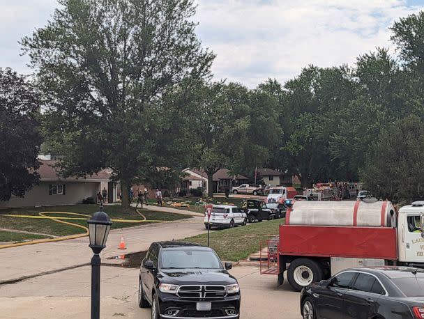 PHOTO: Barricades block off a portion of Elm Street in Laurel, Neb., Aug. 4, 2022. The Nebraska State Patrol is investigating a situation with multiple fatalities. (The Norfolk Daily News via AP)