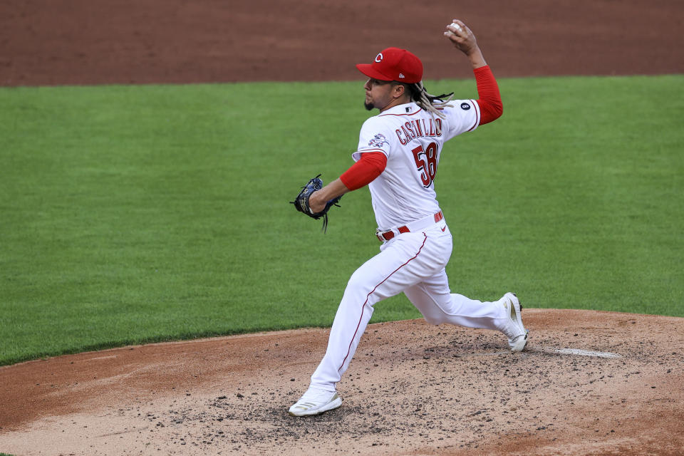 Cincinnati Reds' Luis Castillo throws during the third inning of a baseball game against the San Francisco Giants in Cincinnati, Tuesday, May 18, 2021. (AP Photo/Aaron Doster)