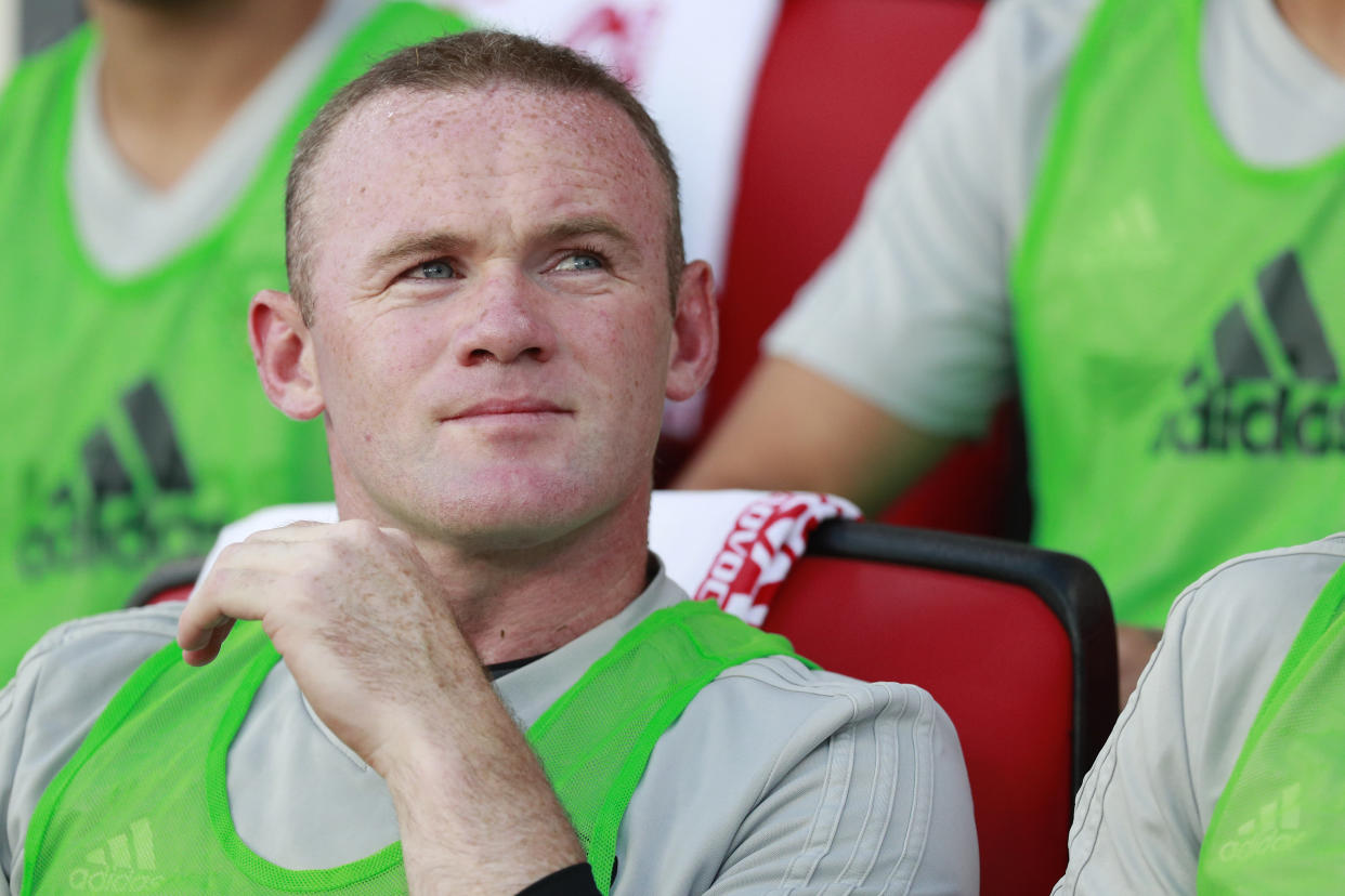 WASHINGTON, DC - JULY 14: Wayne Rooney #9 of D.C. United looks on before playing against the Vancouver Whitecaps during his MLS debut at Audi Field on July 14, 2018 in Washington, DC. (Photo by Patrick McDermott/Getty Images)