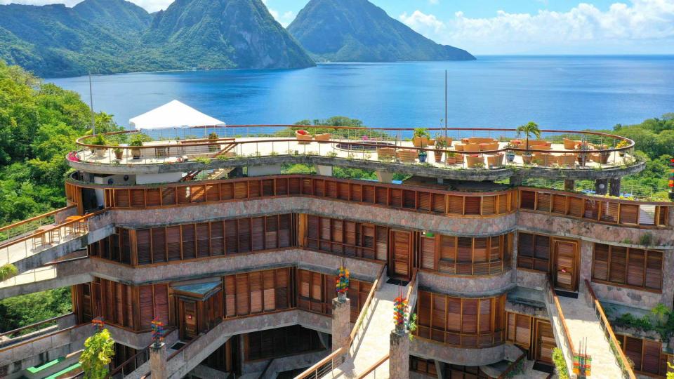 Aerial view of Jade Mountain resort, voted one of the best resorts in the Caribbean