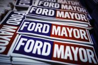 Stickers are seen at Toronto Mayor Rob Ford's campaign launch party in Toronto, April 17, 2014. The Toronto municipal election is set for October 2014.