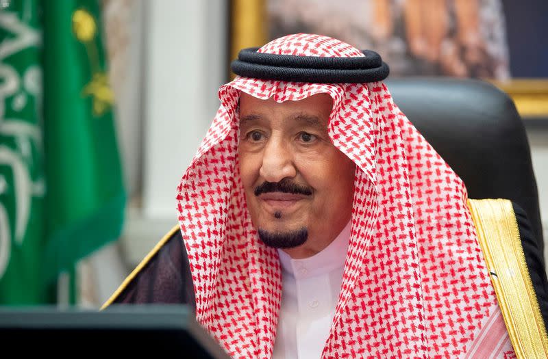 Saudi Arabia's King Salman bin Abdulaziz attends a virtual cabinet meeting in Neom