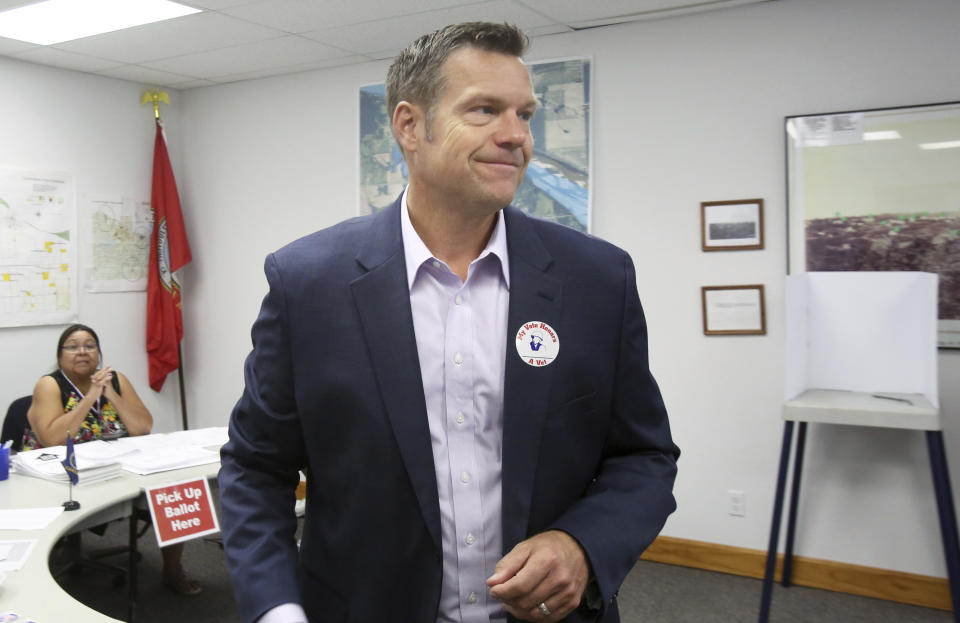 Kansas Secretary of State Kris Kobach votes Tuesday morning, Aug. 7th, 2018, at the Lecompton City Hall. Kobach is running for his party's nomination for governor. (Thad Allton/The Topeka Capital-Journal via AP)