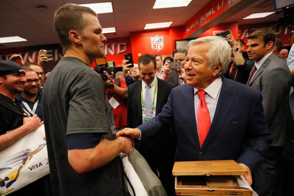 HOUSTON, TX - FEBRUARY 05: Tom Brady #12 of the New England Patriots celebrates with owner Robert Kraft in the locker room after defeating the Atlanta Falcons during Super Bowl 51 at NRG Stadium on February 5, 2017 in Houston, Texas. The Patriots defeated the Falcons 34-28. (Photo by Kevin C. Cox/Getty Images)