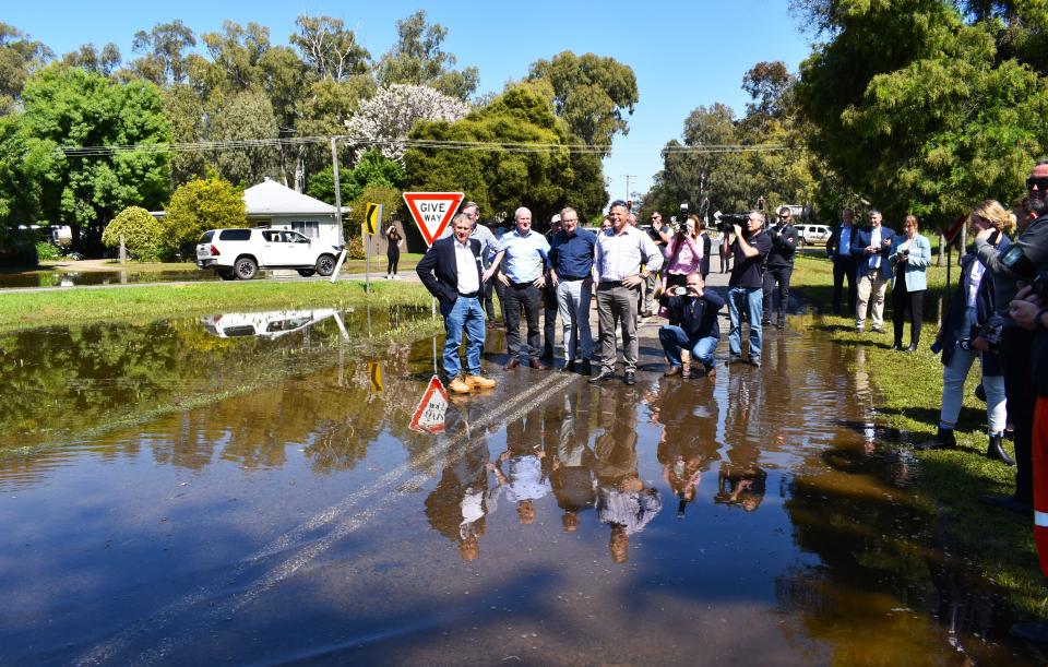 Australian Prime Minister Anthony Albanese inspects a flooded road in Forbes, in the Central West region of New South Wales, earlier this week. Source: AAP