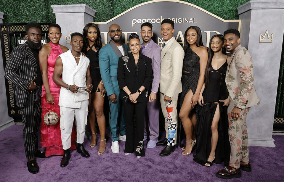 Jimmy Akingbola, Cassandra Freeman, Olly Sholotan, Coco Jones, Adrian Holmes, Carla Banks-Waddles, Morgan Cooper, Jabari Banks, Simone Joy Jones, Akira Akbar, and Jordan L. Jones attend the Premiere of Peacock's "Bel-Air" Season 2 at NeueHouse Hollywood on February 22, 2023 in Hollywood, California.