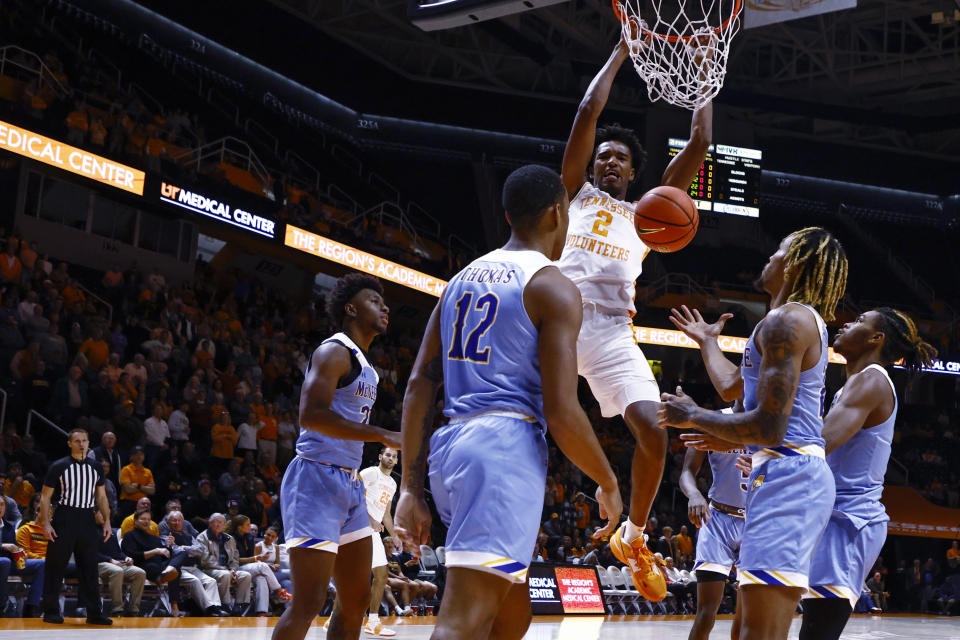 Tennessee forward Julian Phillips (2) dunks against McNeese State during the first half of an NCAA college basketball game Wednesday, Nov. 30, 2022, in Knoxville, Tenn. (AP Photo/Wade Payne)