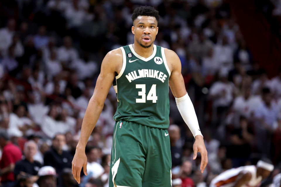 MIAMI, FLORIDA - APRIL 24: Giannis Antetokounmpo #34 of the Milwaukee Bucks looks on against the Miami Heat during the first quarter in Game Four of the Eastern Conference First Round Playoffs at Kaseya Center on April 24, 2023 in Miami, Florida. NOTE TO USER: User expressly acknowledges and agrees that, by downloading and or using this photograph, User is consenting to the terms and conditions of the Getty Images License Agreement. (Photo by Megan Briggs/Getty Images)