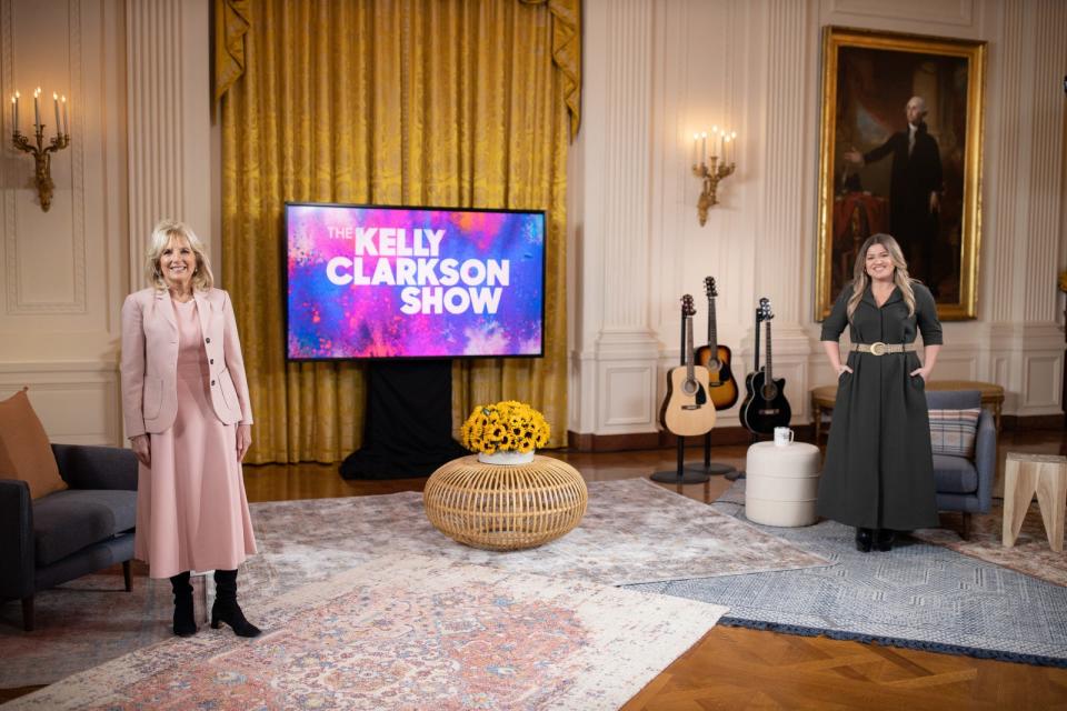 First lady Jill Biden sat down with Kelly Clarkson for her first major TV interview, in the East Room of the White House. The episode of "The Kelly Clarkson Show" airs Feb. 25, 2021.