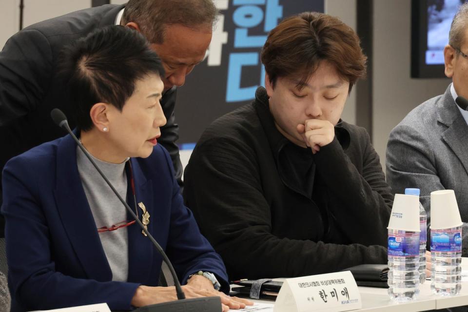 Park Dan, head of an emergency committee at the Korean Intern Resident Association, centre right, is seen during a meeting at the Korean Medical Association in Seoul, South Korea, 31 March 2024 (via AP)