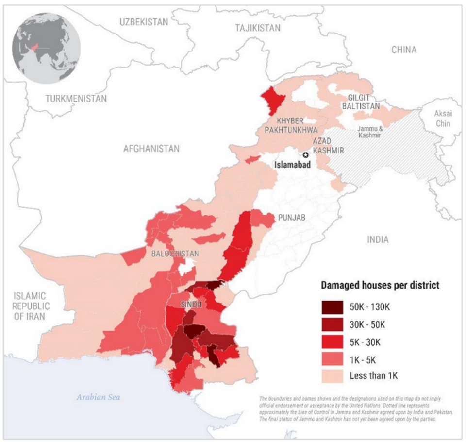 Map of Pakistan’s 2022 monsoon floods based on the amount of homes damaged in each region as of Aug. 26, according to UNOCHA.