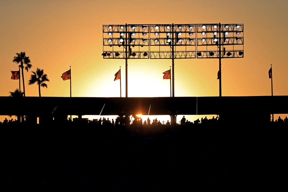 <p>The sun sets behind Dodger Stadium during game two of the 2017 World Series between the Houston Astros and the Los Angeles Dodgers on October 25, 2017 in Los Angeles, California. (Photo by Sean M. Haffey/Getty Images) </p>