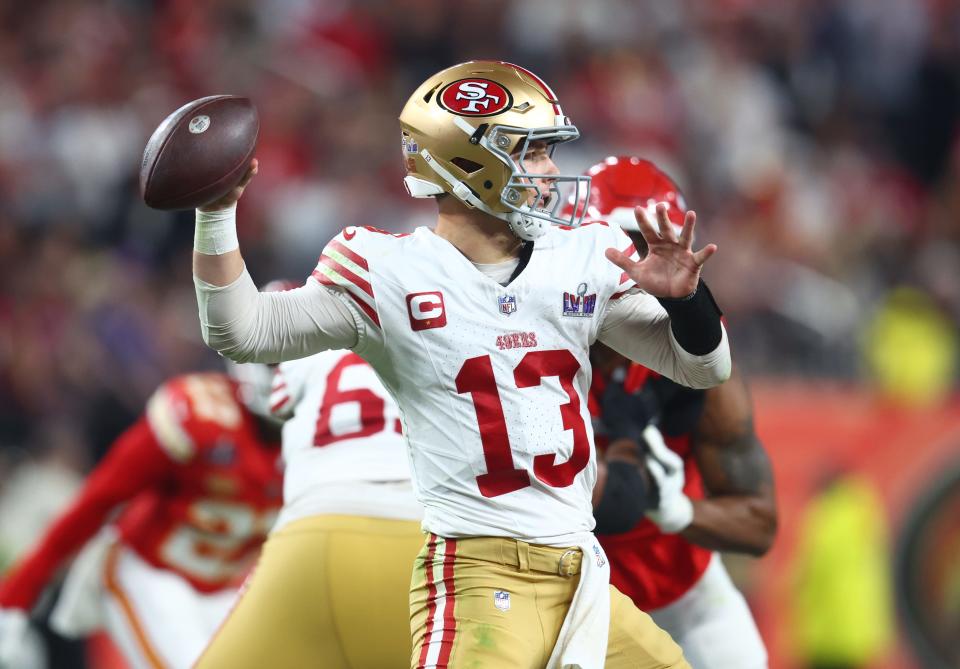 San Francisco 49ers quarterback Brock Purdy (13) throws a pass against the Kansas City Chiefs in the second half in Super Bowl LVIII at Allegiant Stadium in Paradise, Nevada on Feb. 11, 2024.