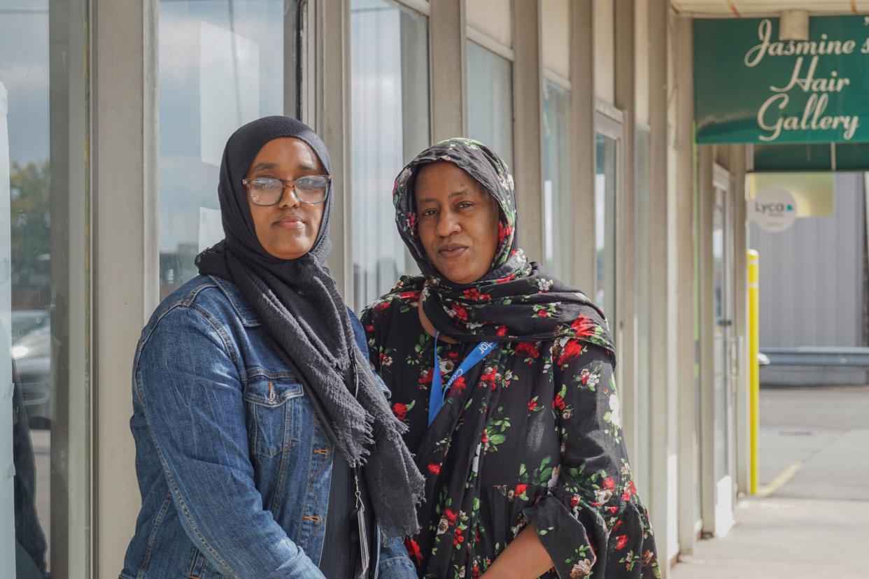 Fartun Mohamed, left, and Fatou Kane were among the over 60 workers who walked off their jobs Friday, Oct. 6, 2023, at a Macy's Backstage distribution center near Rickenbacker International Airport to protest a new prayer policy.