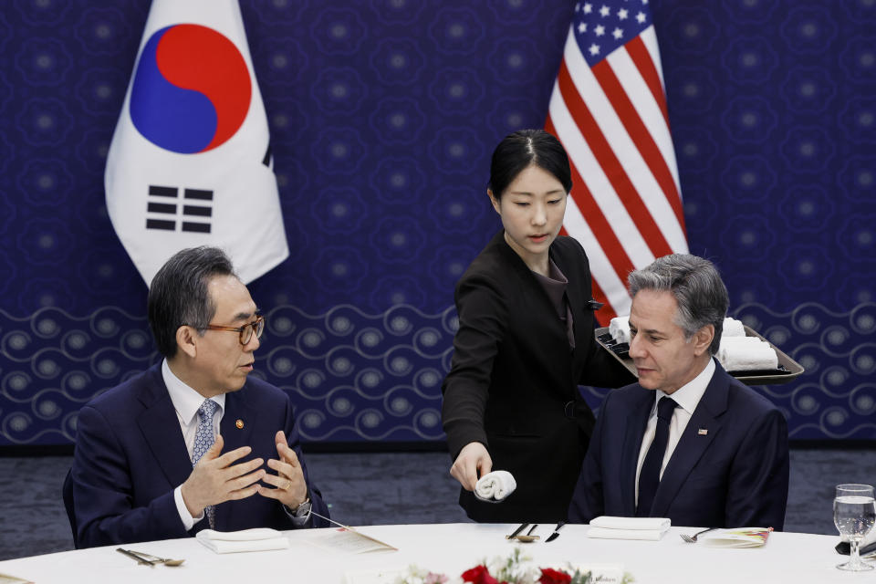 U.S. Secretary of State Antony Blinken meets with South Korean Foreign Minister Cho Tae-yul at the foreign ministry in Seoul, South Korea, Monday, March 18, 2024. (Evelyn Hockstein/Pool Photo via AP)