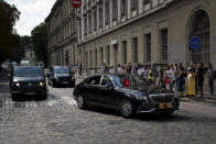 The car carrying Turkish President Recep Tayyip Erdogan passes by as he arrives ahead of meeting with Ukrainian President Volodymyr Zelenskyy and United Nations Secretary General Antonio Guterres in downtown Lviv, Ukraine, Thursday, Aug, 18, 2022. (AP Photo/Evgeniy Maloletka)