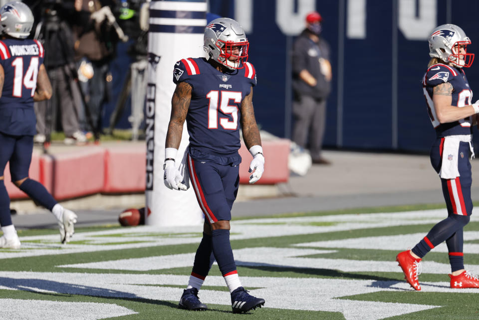 N'Keal Harry in warm up before a game between the New England Patriots and the Arizona Cardinals.