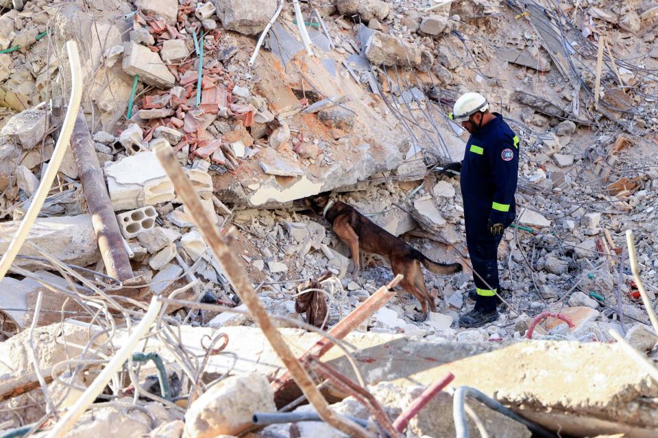 An Emirati rescuer, with the help of a dog, searches for victims amidst the rubble of a collapsed building in the regime-controlled town of Jableh in the province of Latakia, northwest of the Syrian capital, on February 10, 2023, in the aftermath of a deadly earthquake. - Aftershocks following the February 6 earthquake of 7.8-magnitude in Turkey and Syria, have added to the death toll and further upended the lives of survivors. (Photo by Karim SAHIB / AFP) (Photo by KARIM SAHIB/AFP via Getty Images)