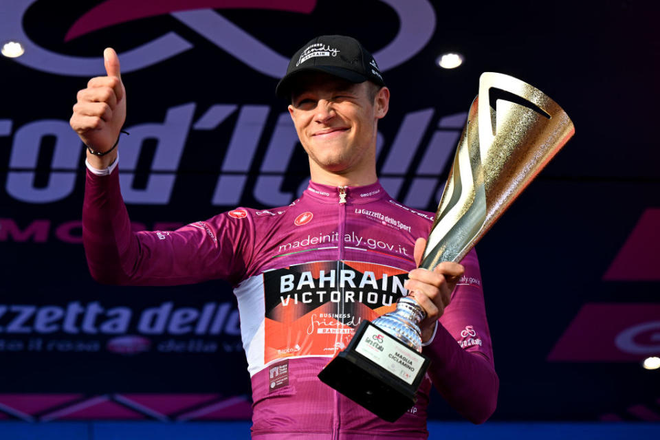 ROME ITALY  MAY 28 Jonathan Milan of Italy and Team Bahrain  Victorious  Purple Points Jersey celebrates at podium during the 106th Giro dItalia 2023 Stage 21 a 126km stage from Rome to Rome  UCIWT  on May 28 2023 in Rome Italy Photo by Stuart FranklinGetty Images