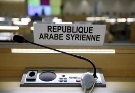 The seat of Syria delegation is pictured before the presentation of the report of the Independent Commission of Inquiry on Syria during a session of the Human Rights Council at the United Nations in Geneva, Switzerland, March 15, 2016. REUTERS/Denis Balibouse