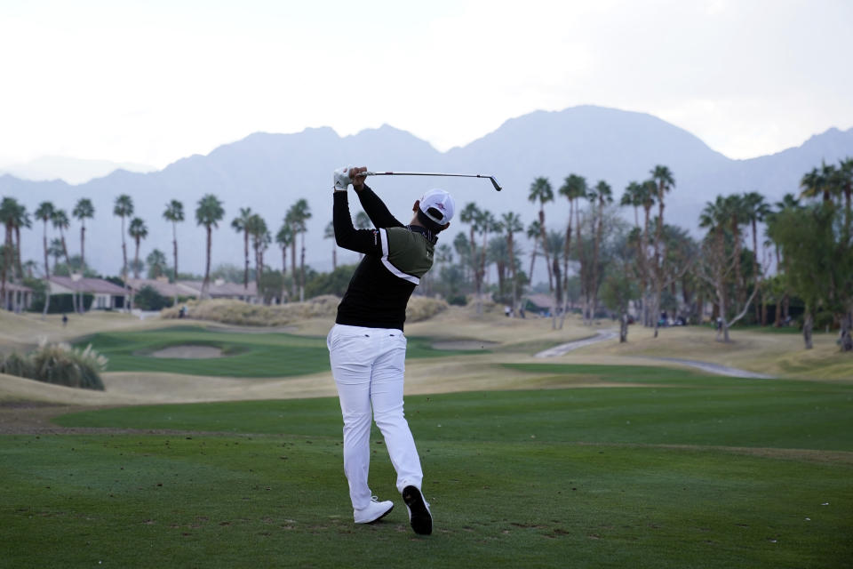 Si Woo Kim hits from the 17th tee during the second round of The American Express golf tournament on the Nicklaus Tournament Course at PGA West, Friday, Jan. 22, 2021, in La Quinta, Calif. (AP Photo/Marcio Jose Sanchez)