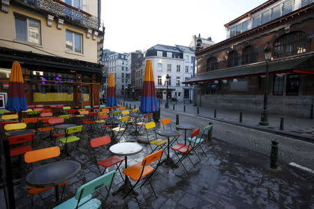 Empty cafes are pictured in Brussels on the third day of a security lockdown following the fatal attacks in Paris, November 23, 2015. REUTERS/Youssef Boudlal