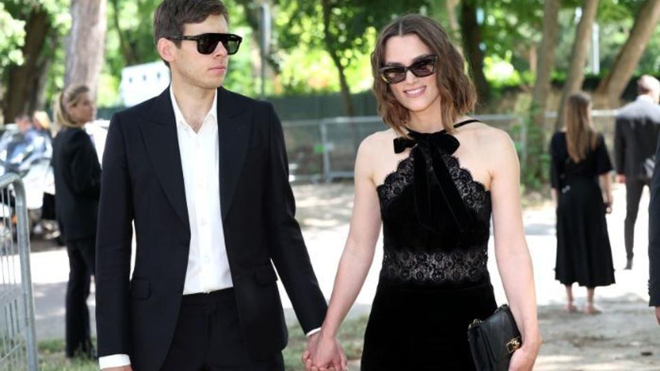 keira knightley in a black dress with her husband