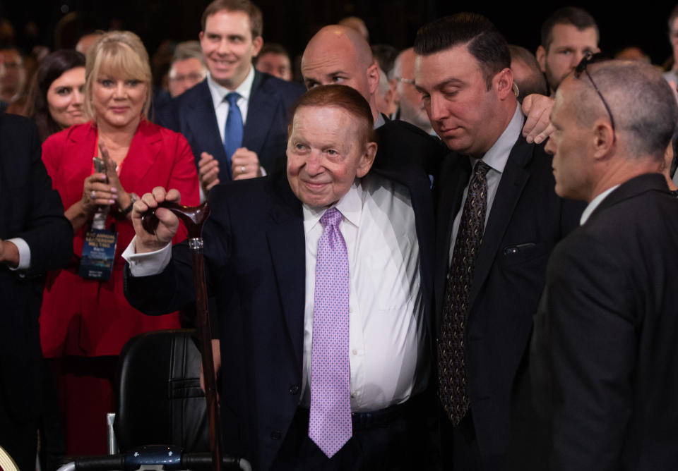 Las Vegas Sands Corp. Chairman and CEO Sheldon Adelson arrives prior to a speech by US President Donald Trump during the Republican Jewish Coalition 2019 Annual Leadership Meeting in Las Vegas, Nevada, April 6, 2019. (Photo by SAUL LOEB / AFP)        (Photo credit should read SAUL LOEB/AFP/Getty Images)