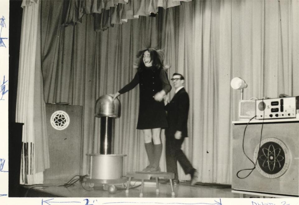 One of the first COSI shows in the 1970s demonstrating the electrostatic generator in the Lazarus Auditorium at the science center's former home at 280 E. Broad Street in Columbus, Ohio.