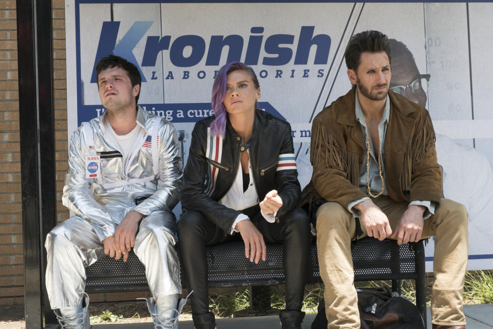 Josh Hutcherson as Josh, Eliza Coupe as Tiger, and Derek Wilson as Wolf (Photo: Erin Simkin/Hulu)